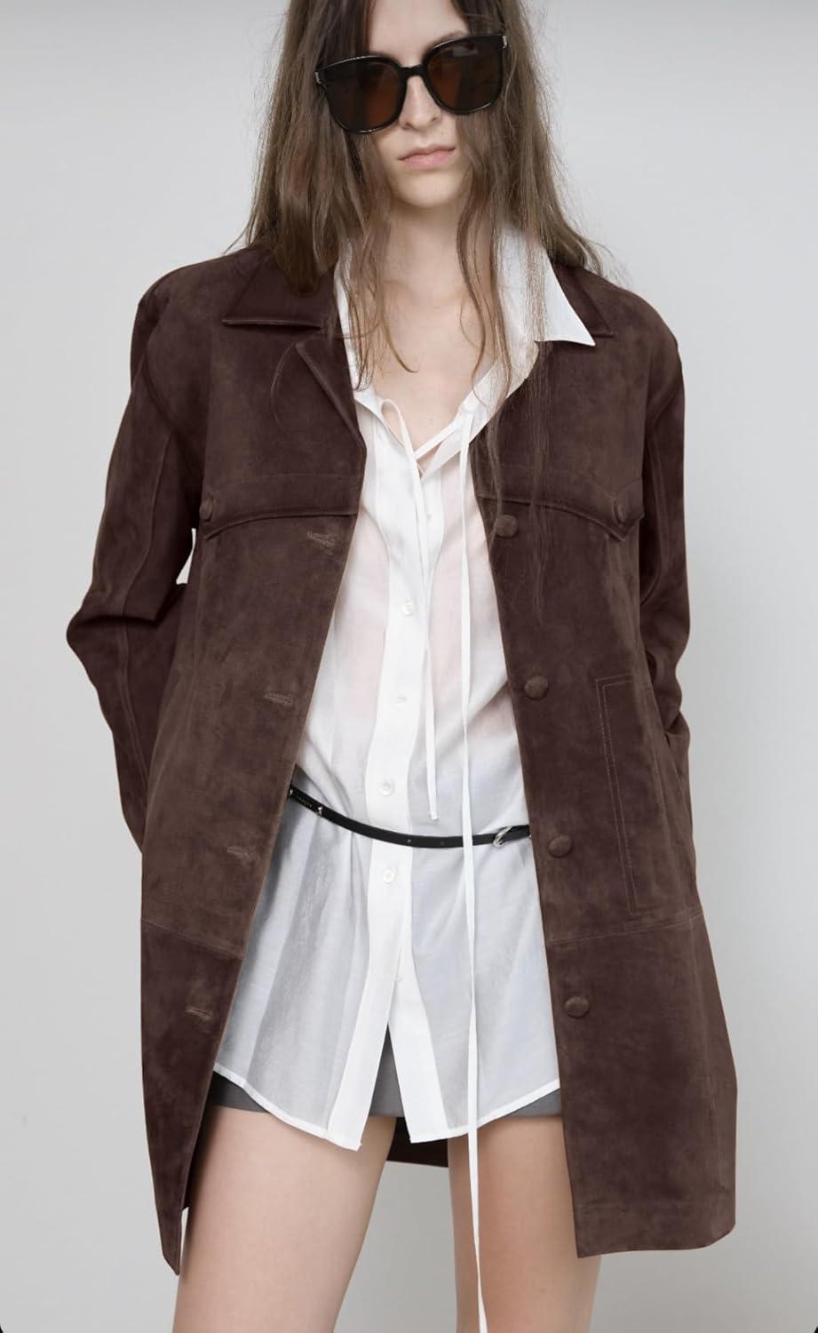 imagechouyatou Womens 2025 Retro Faux Suede Leather Shacket Jacket Lapel Collar Mid Long Jacket CoatCoffee