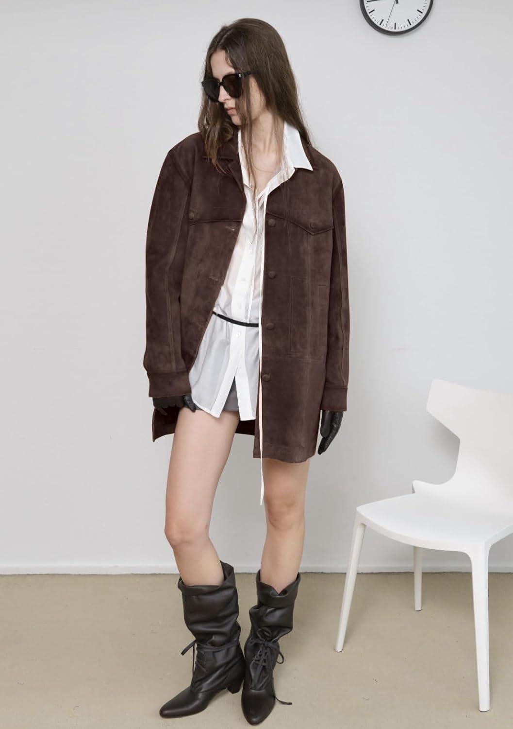 imagechouyatou Womens 2025 Retro Faux Suede Leather Shacket Jacket Lapel Collar Mid Long Jacket CoatCoffee