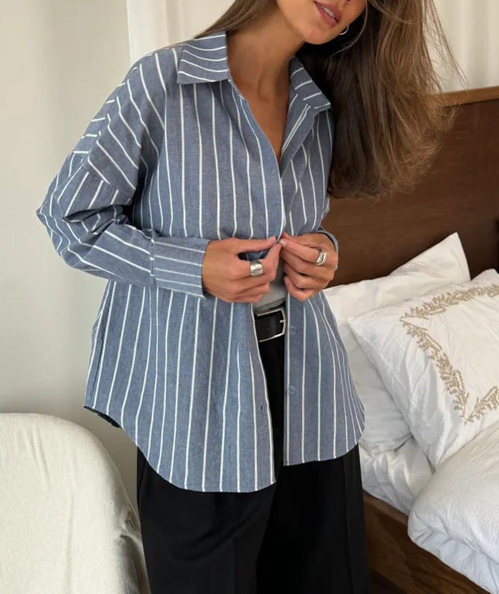 imagechouyatou Womens 2025 Striped ButtonDown Shirt Loose Business Casual Cotton Dress Shirt Blouse TopGrey