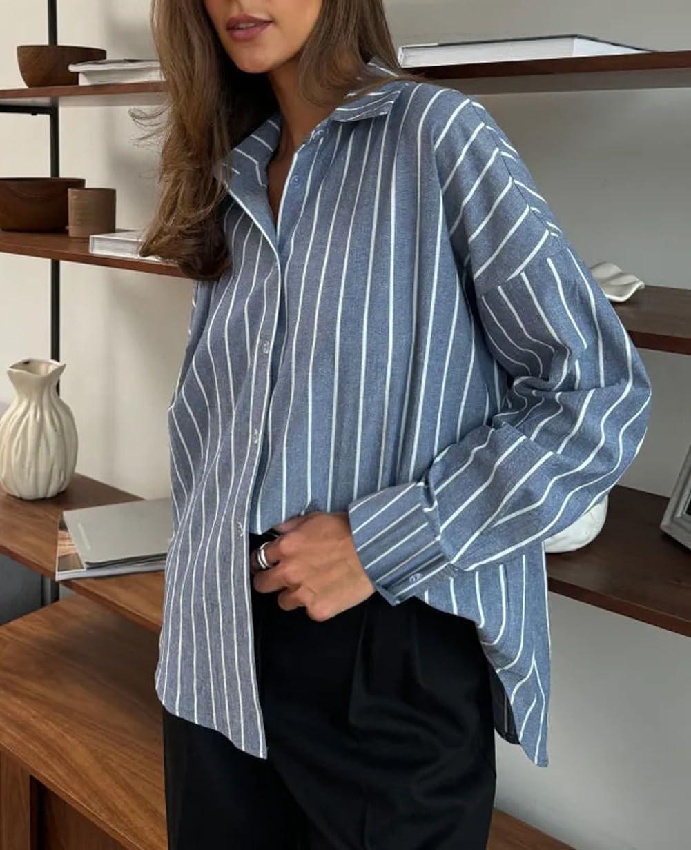 imagechouyatou Womens 2025 Striped ButtonDown Shirt Loose Business Casual Cotton Dress Shirt Blouse TopGrey