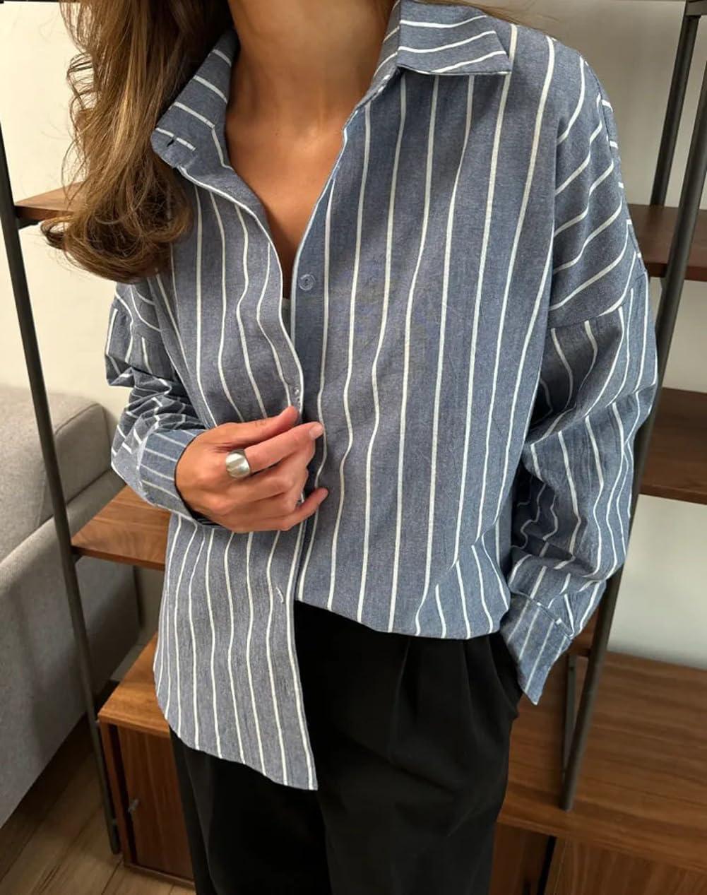 imagechouyatou Womens 2025 Striped ButtonDown Shirt Loose Business Casual Cotton Dress Shirt Blouse TopGrey