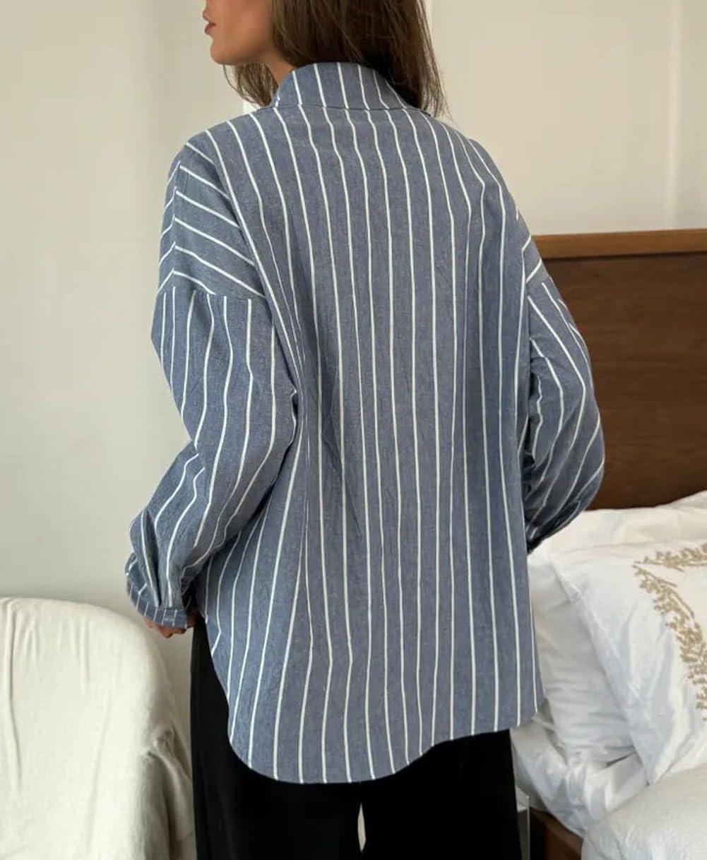 imagechouyatou Womens 2025 Striped ButtonDown Shirt Loose Business Casual Cotton Dress Shirt Blouse TopGrey
