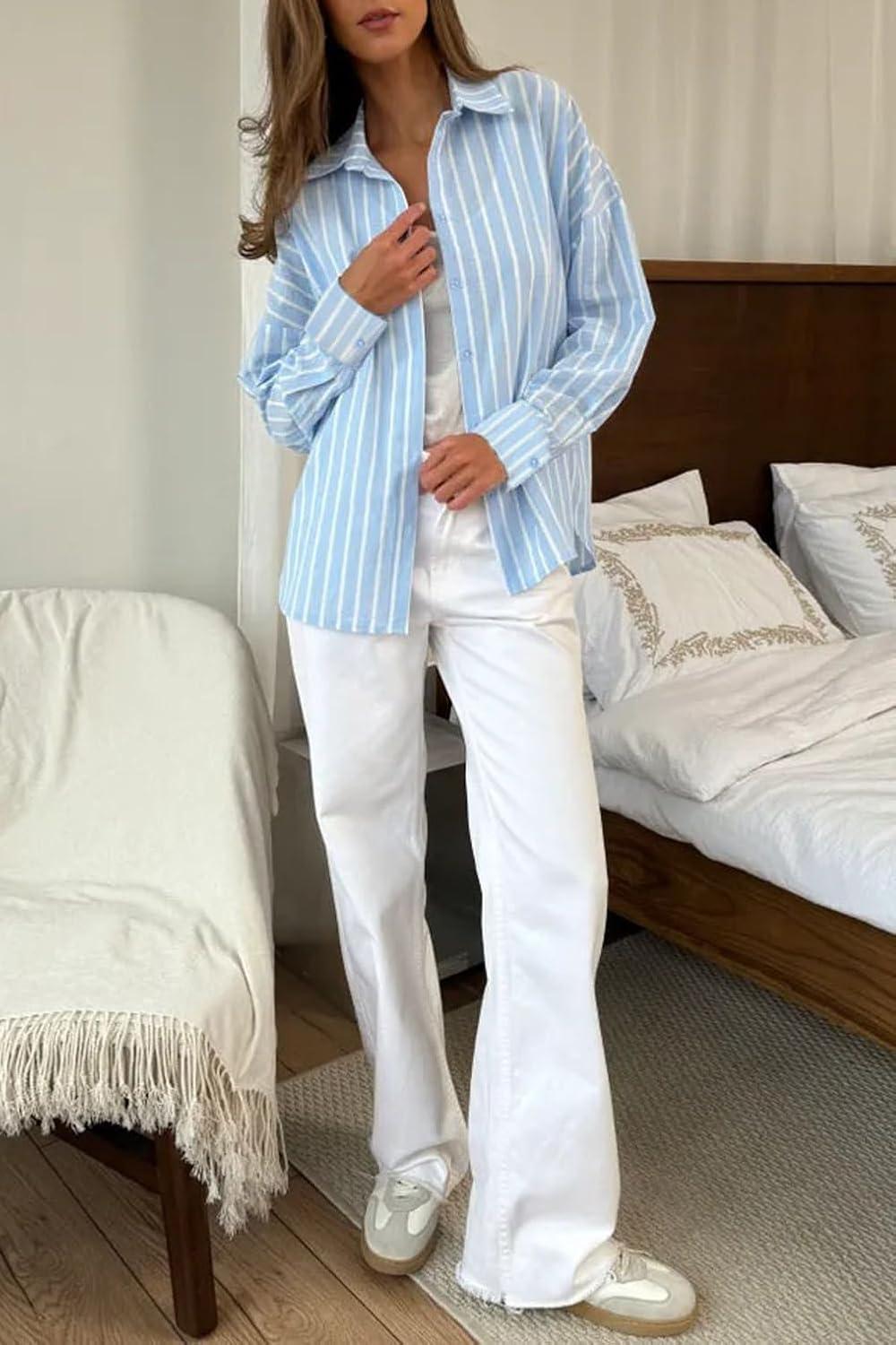 imagechouyatou Womens 2025 Striped ButtonDown Shirt Loose Business Casual Cotton Dress Shirt Blouse TopLight Blue