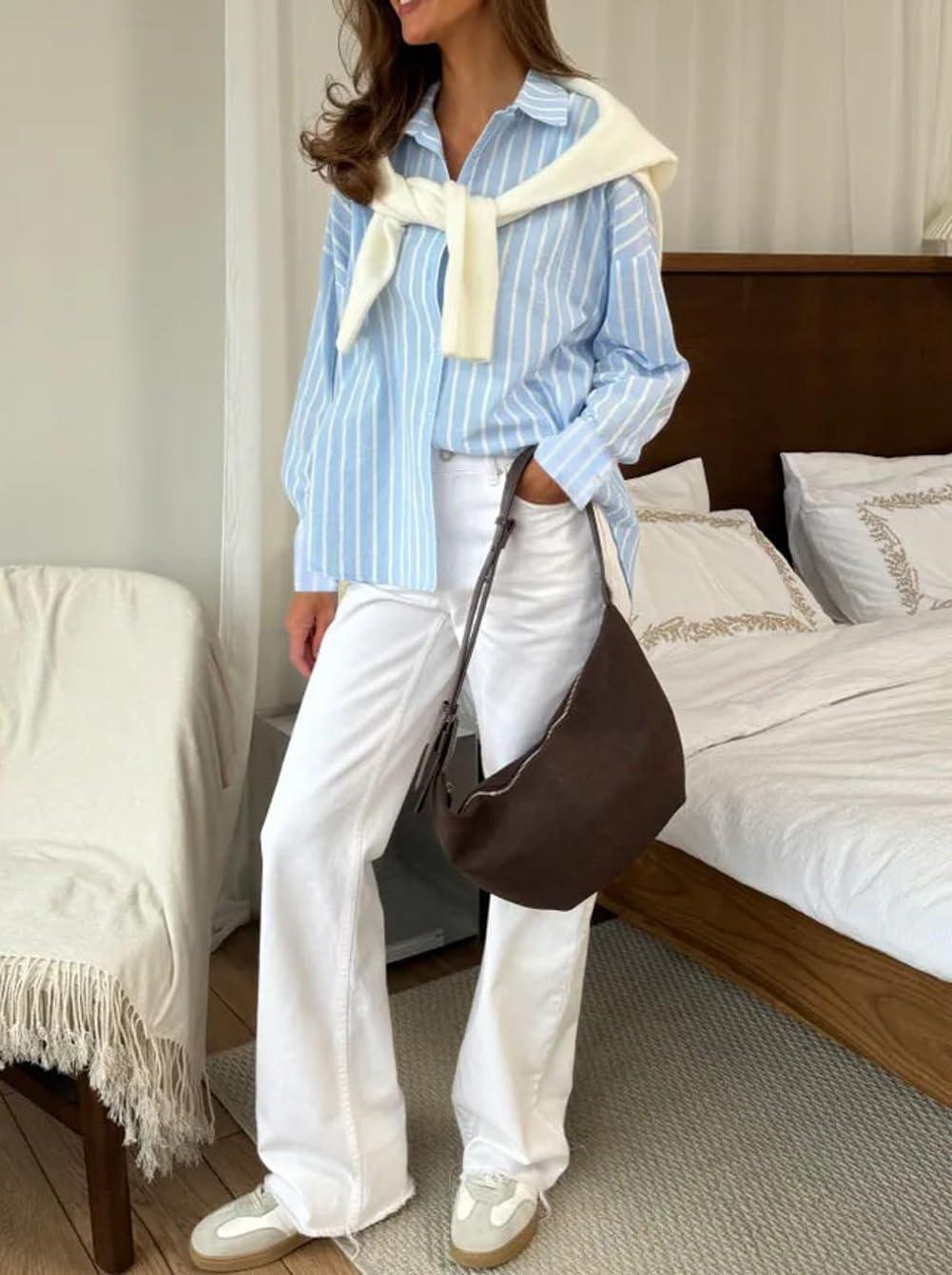 imagechouyatou Womens 2025 Striped ButtonDown Shirt Loose Business Casual Cotton Dress Shirt Blouse TopLight Blue