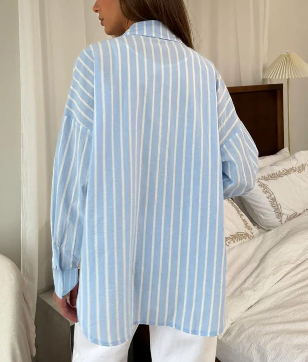 imagechouyatou Womens 2025 Striped ButtonDown Shirt Loose Business Casual Cotton Dress Shirt Blouse TopLight Blue