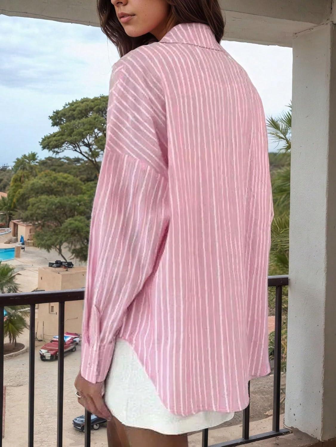 imagechouyatou Womens 2025 Striped ButtonDown Shirt Loose Business Casual Cotton Dress Shirt Blouse TopPink
