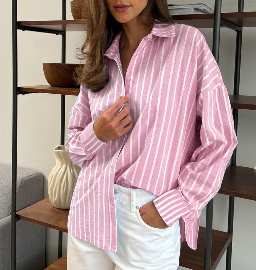 imagechouyatou Womens 2025 Striped ButtonDown Shirt Loose Business Casual Cotton Dress Shirt Blouse TopPink