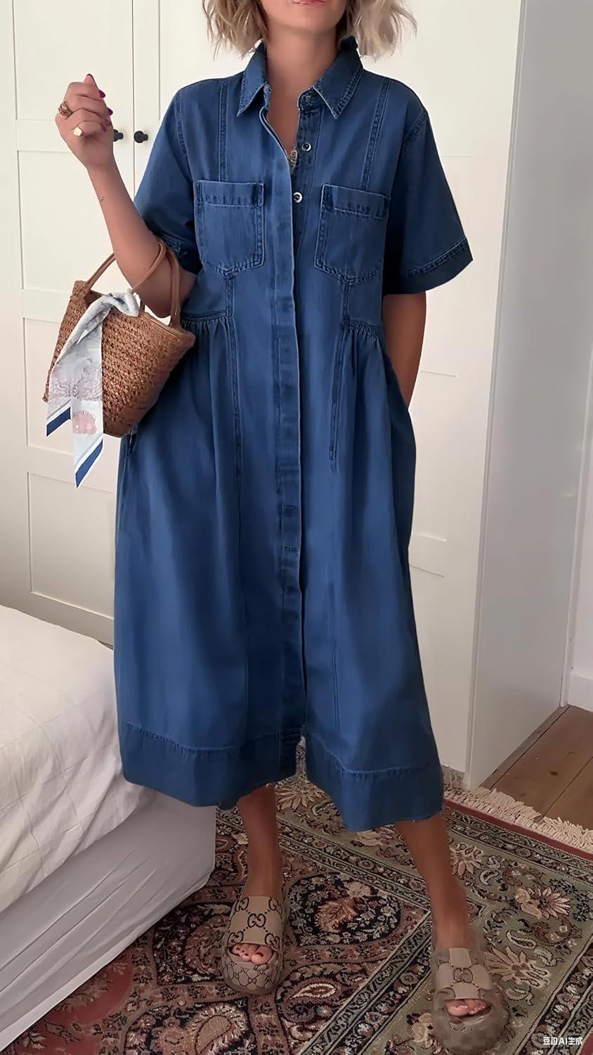 imagechouyatou Womens 2025 Summer Short Sleeve Denim Shirt Dress Midi Long Western Business Casual Jean DressBlue