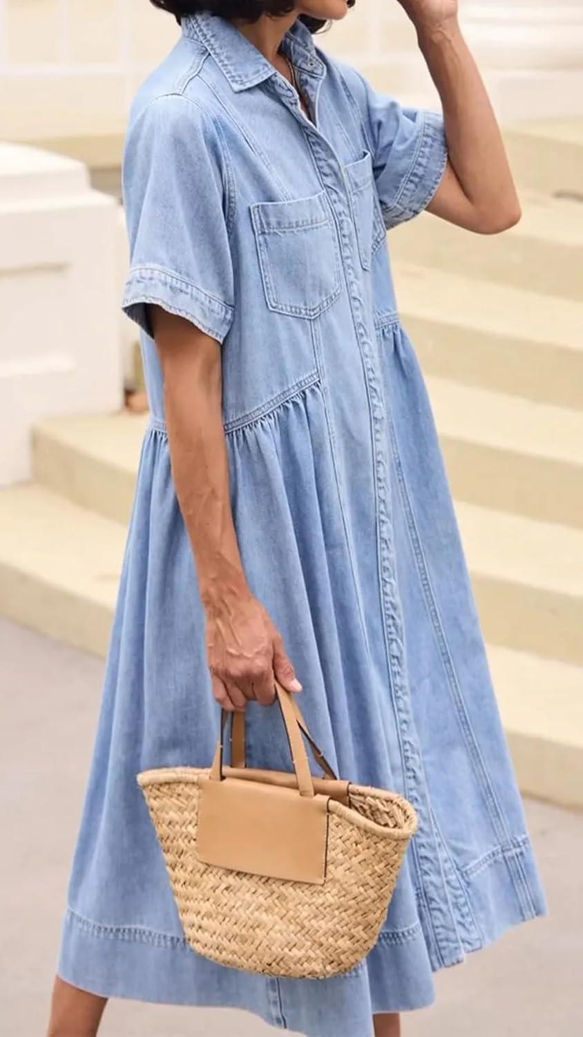 imagechouyatou Womens 2025 Summer Short Sleeve Denim Shirt Dress Midi Long Western Business Casual Jean DressLight Blue