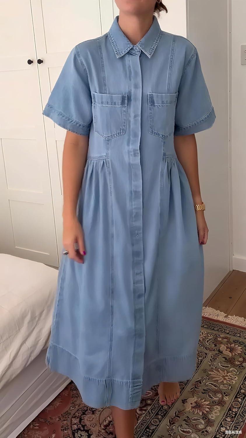 imagechouyatou Womens 2025 Summer Short Sleeve Denim Shirt Dress Midi Long Western Business Casual Jean DressLight Blue