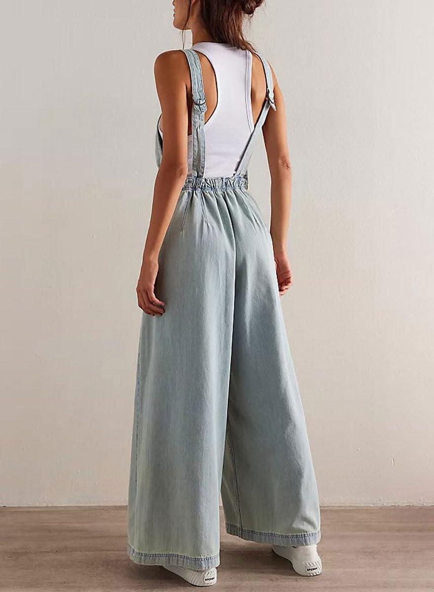 imagechouyatou Womens Adjustable Strap Denim Bib Overall Casual Loose Pleated Wide Leg Jeans Jumpsuits with PocketsLight Blue