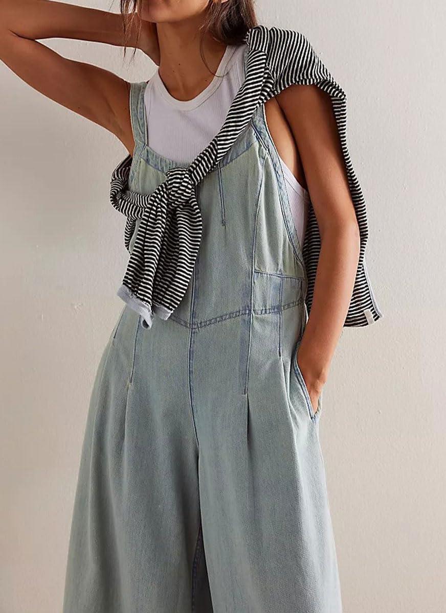 imagechouyatou Womens Adjustable Strap Denim Bib Overall Casual Loose Pleated Wide Leg Jeans Jumpsuits with PocketsLight Blue