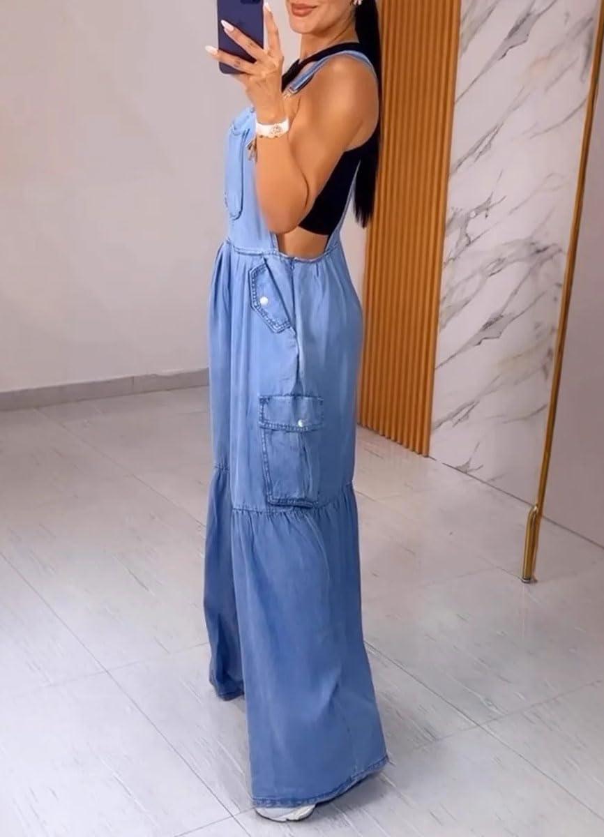 imagechouyatou Womens Adjustable Strap Denim Bib Overall Casual Loose Wide Leg Pocketed Jumpsuit Cargo PantBlue