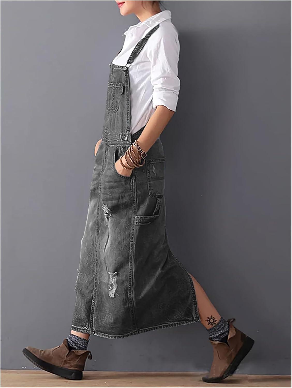 imagechouyatou Womens Adjustable Strap Distressed Denim Overall Dress ALine Pinafore Jean Dress with SplitBlack