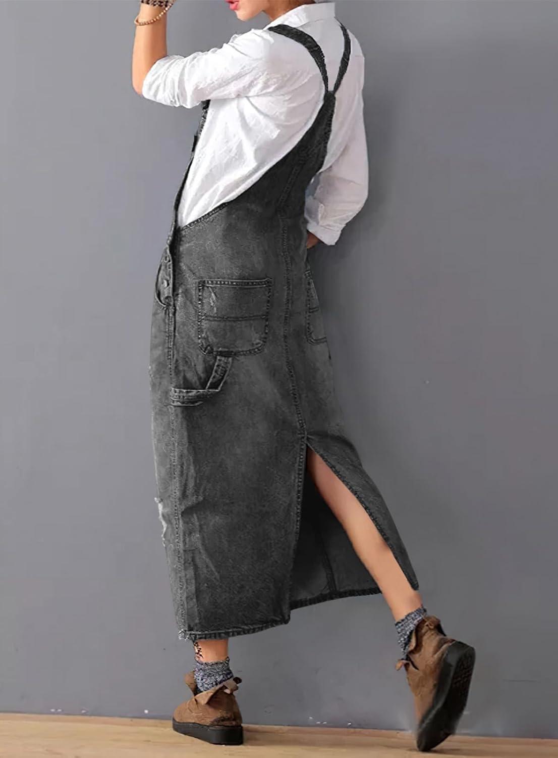 imagechouyatou Womens Adjustable Strap Distressed Denim Overall Dress ALine Pinafore Jean Dress with SplitBlack