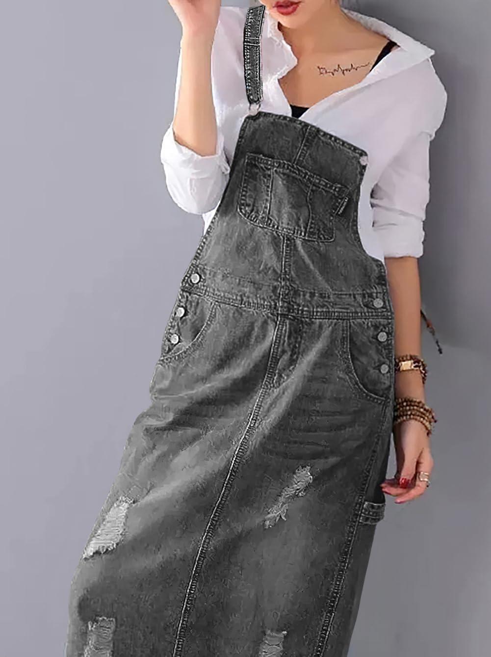 imagechouyatou Womens Adjustable Strap Distressed Denim Overall Dress ALine Pinafore Jean Dress with SplitBlack