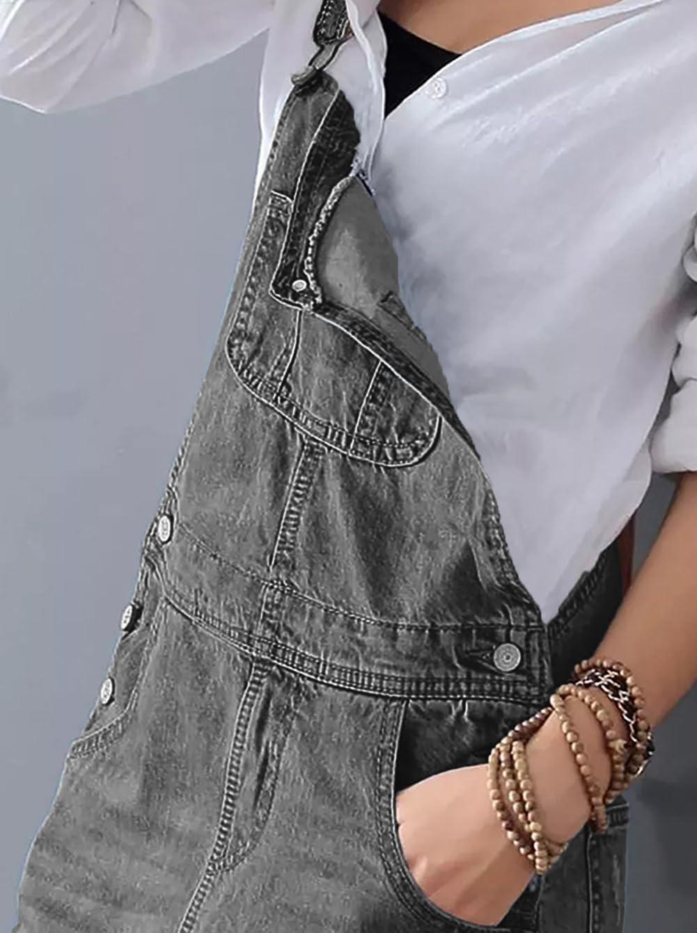 imagechouyatou Womens Adjustable Strap Distressed Denim Overall Dress ALine Pinafore Jean Dress with SplitBlack