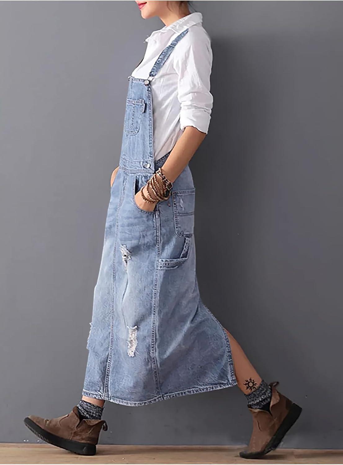 imagechouyatou Womens Adjustable Strap Distressed Denim Overall Dress ALine Pinafore Jean Dress with SplitDenim Blue