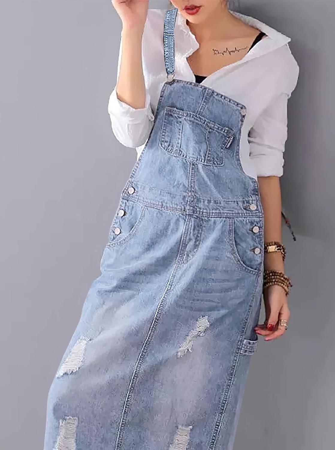 imagechouyatou Womens Adjustable Strap Distressed Denim Overall Dress ALine Pinafore Jean Dress with SplitDenim Blue