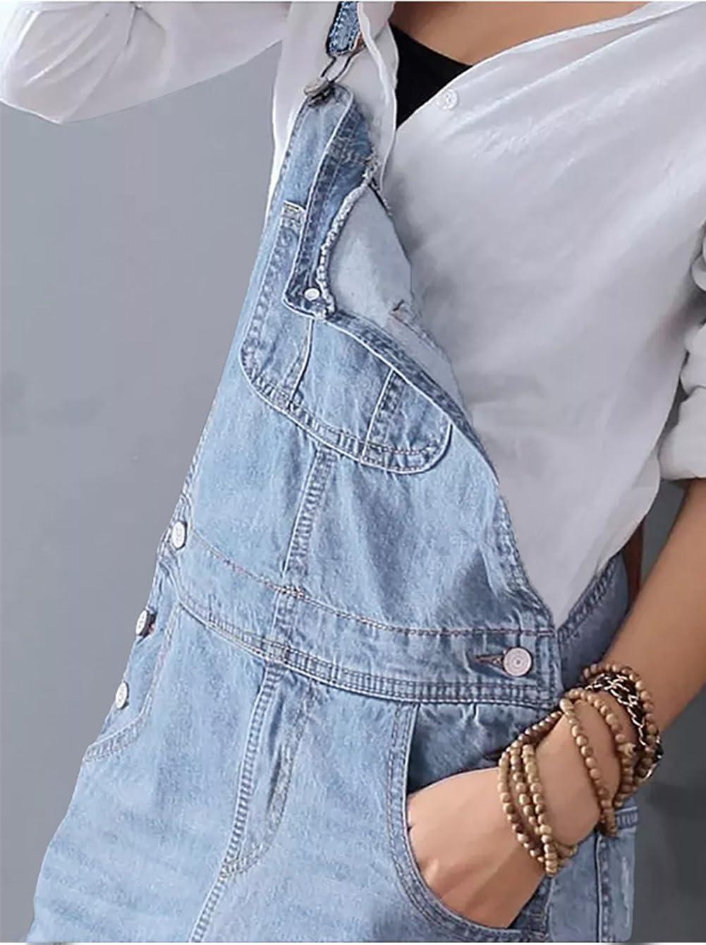 imagechouyatou Womens Adjustable Strap Distressed Denim Overall Dress ALine Pinafore Jean Dress with SplitDenim Blue
