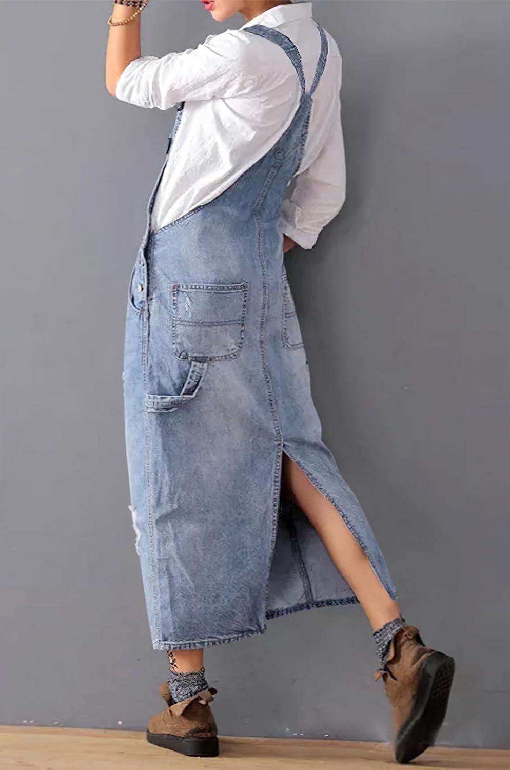 imagechouyatou Womens Adjustable Strap Distressed Denim Overall Dress ALine Pinafore Jean Dress with SplitDenim Blue