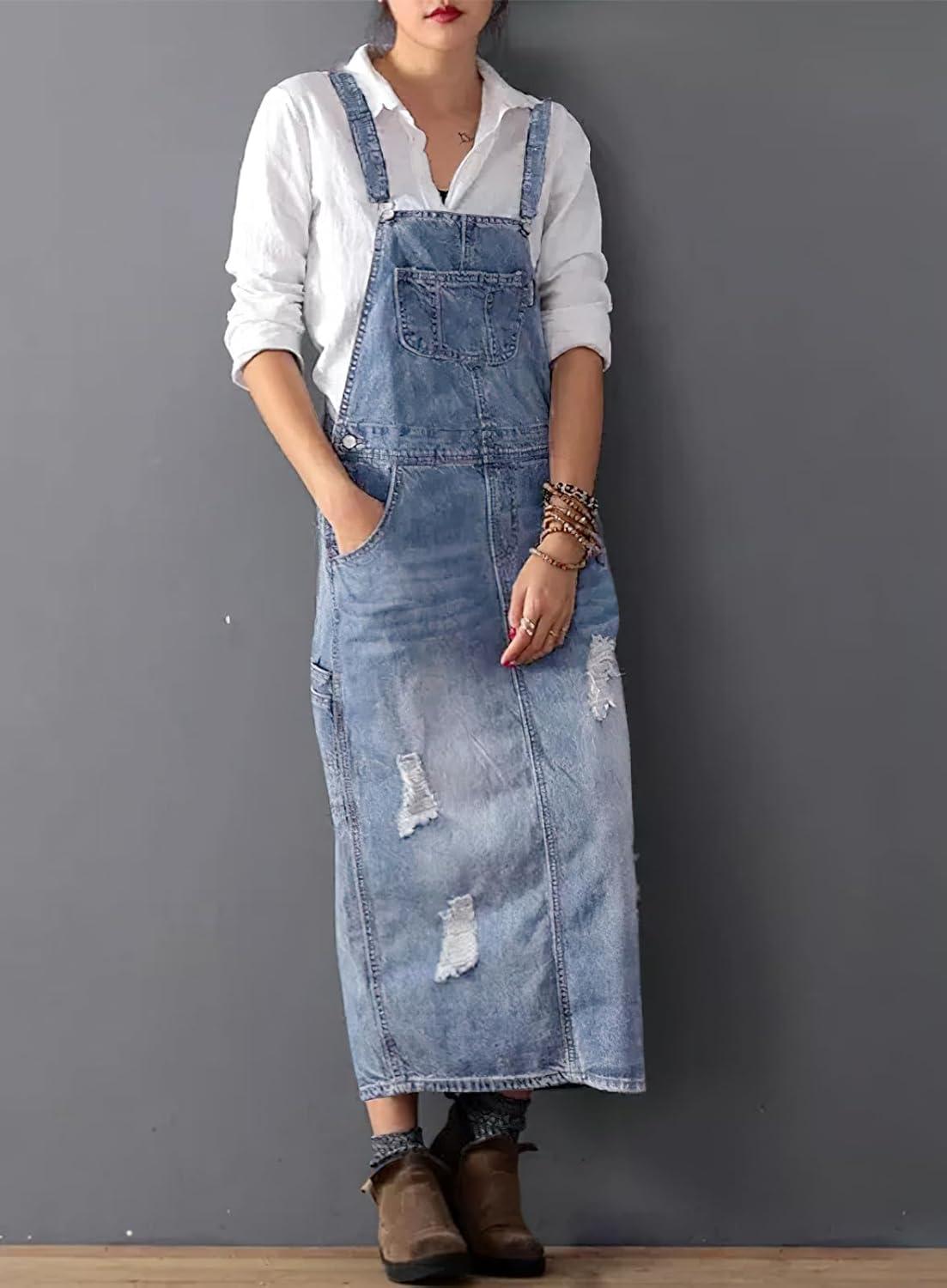imagechouyatou Womens Adjustable Strap Distressed Denim Overall Dress ALine Pinafore Jean Dress with SplitDenim Blue