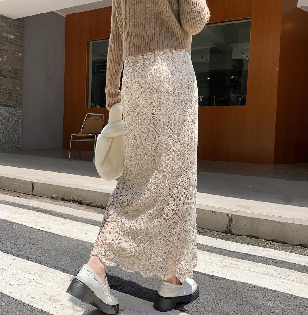 imagechouyatou Womens Bodycon Floral Embroidered Knit Skirt Lace Crochet Eyelet Pencil Flared Midi SkirtApricot