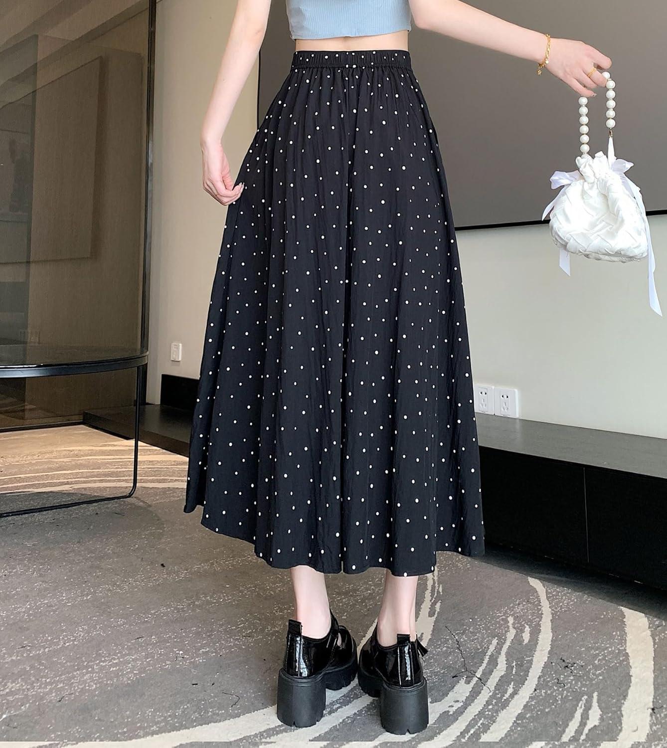 imagechouyatou Womens Boho Ditsy Polka Dot ALine Skirt Elastic Waist Swing Pleated Midi Long Skirt with PocketsBlack