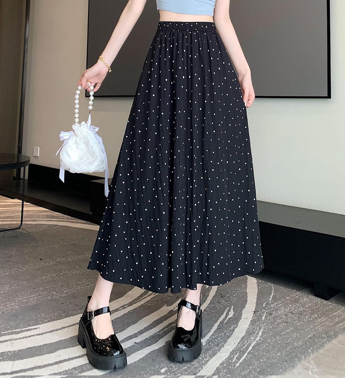 imagechouyatou Womens Boho Ditsy Polka Dot ALine Skirt Elastic Waist Swing Pleated Midi Long Skirt with PocketsBlack