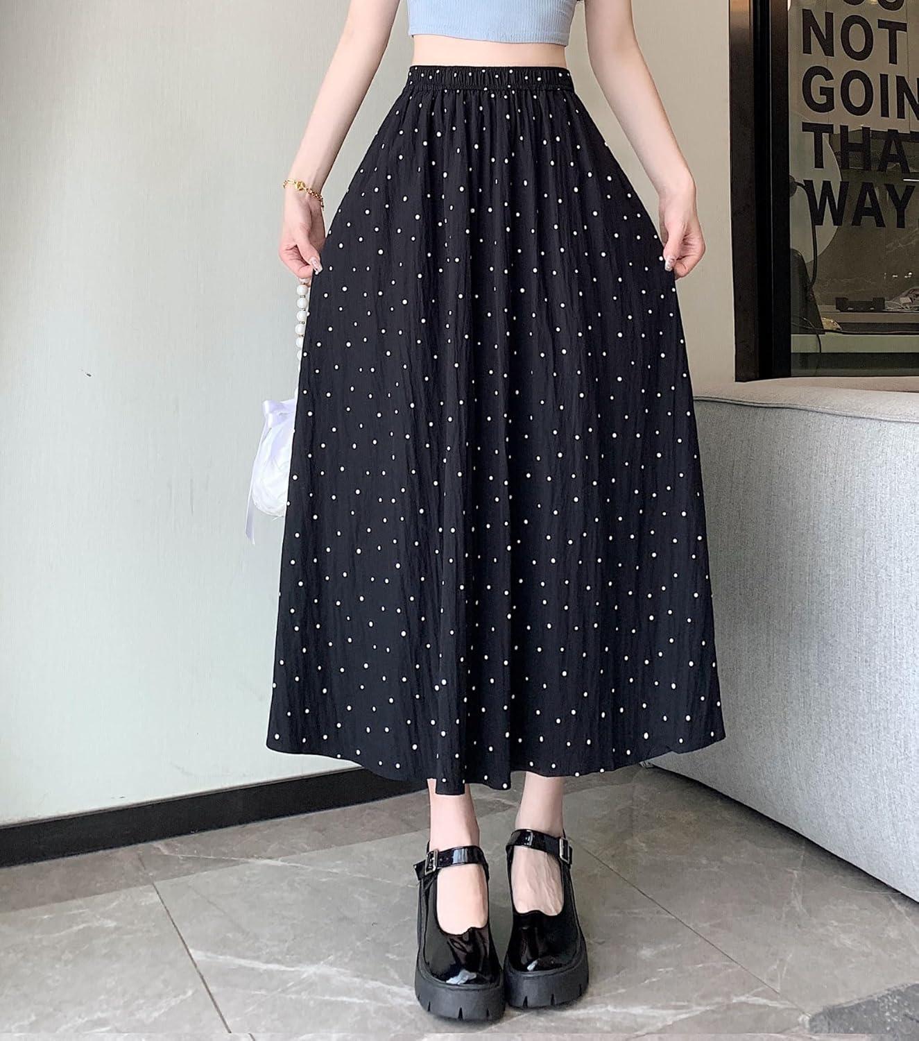 imagechouyatou Womens Boho Ditsy Polka Dot ALine Skirt Elastic Waist Swing Pleated Midi Long Skirt with PocketsBlack