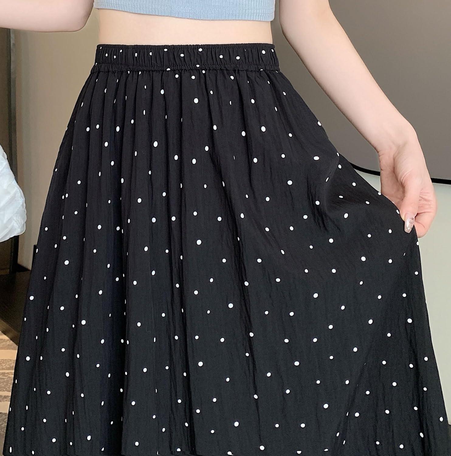 imagechouyatou Womens Boho Ditsy Polka Dot ALine Skirt Elastic Waist Swing Pleated Midi Long Skirt with PocketsBlack