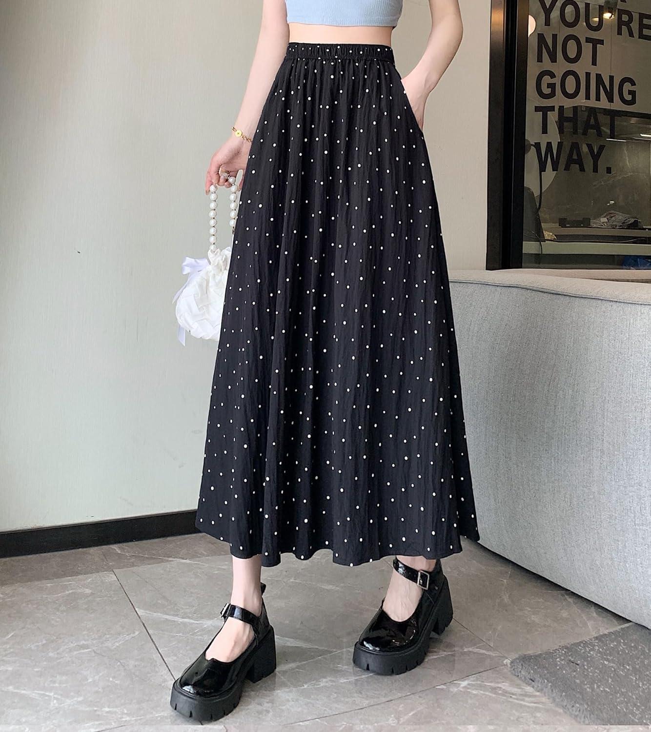 imagechouyatou Womens Boho Ditsy Polka Dot ALine Skirt Elastic Waist Swing Pleated Midi Long Skirt with PocketsBlack