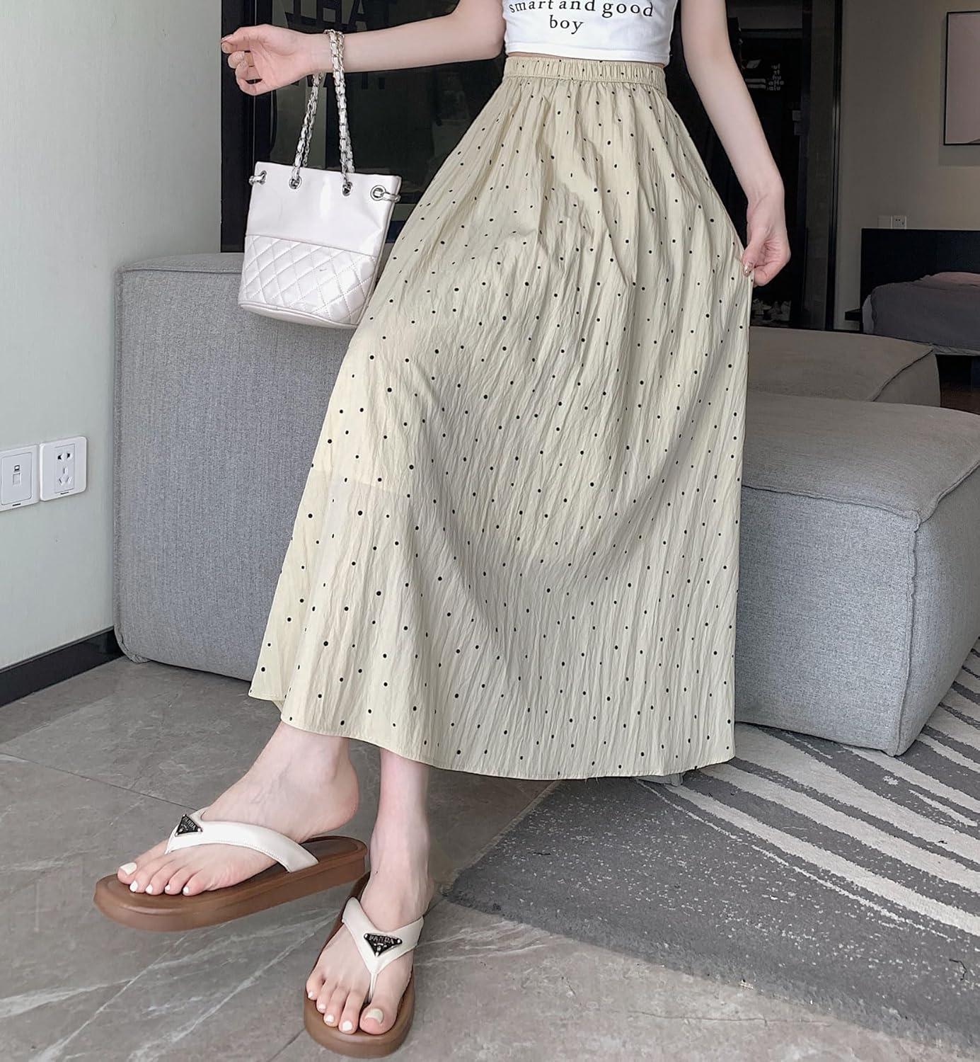 imagechouyatou Womens Boho Ditsy Polka Dot ALine Skirt Elastic Waist Swing Pleated Midi Long Skirt with PocketsKhaki