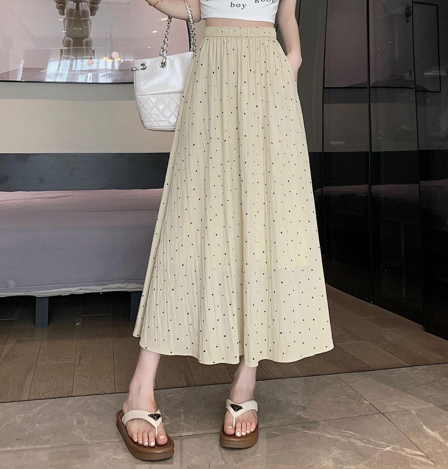 imagechouyatou Womens Boho Ditsy Polka Dot ALine Skirt Elastic Waist Swing Pleated Midi Long Skirt with PocketsKhaki