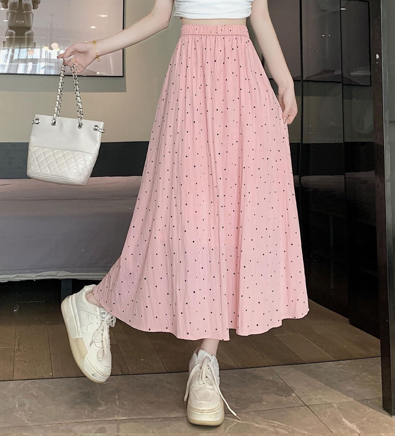imagechouyatou Womens Boho Ditsy Polka Dot ALine Skirt Elastic Waist Swing Pleated Midi Long Skirt with PocketsPink