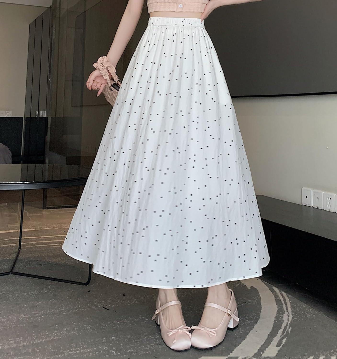 imagechouyatou Womens Boho Ditsy Polka Dot ALine Skirt Elastic Waist Swing Pleated Midi Long Skirt with PocketsWhite
