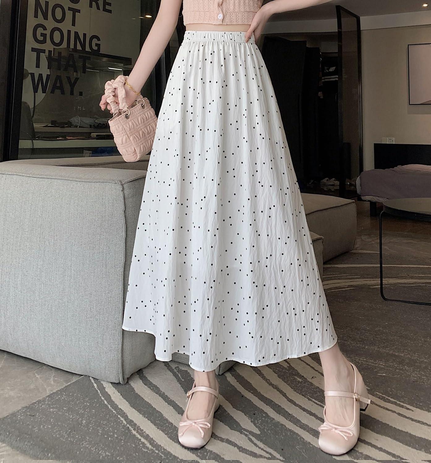 imagechouyatou Womens Boho Ditsy Polka Dot ALine Skirt Elastic Waist Swing Pleated Midi Long Skirt with PocketsWhite