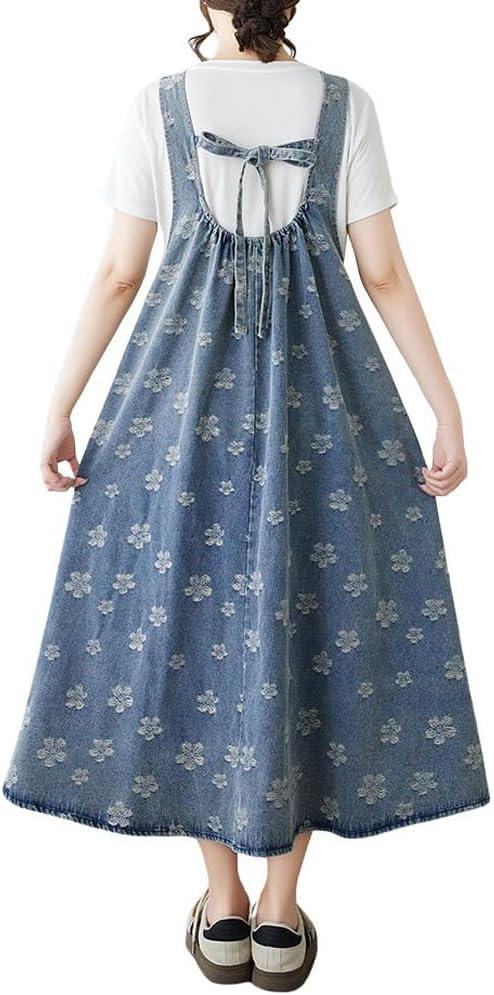 imagechouyatou Womens Boho Floral Embroidery Denim Overall Dress ALine Tie Knot Back Midi Long Jean Jumper DressBlue
