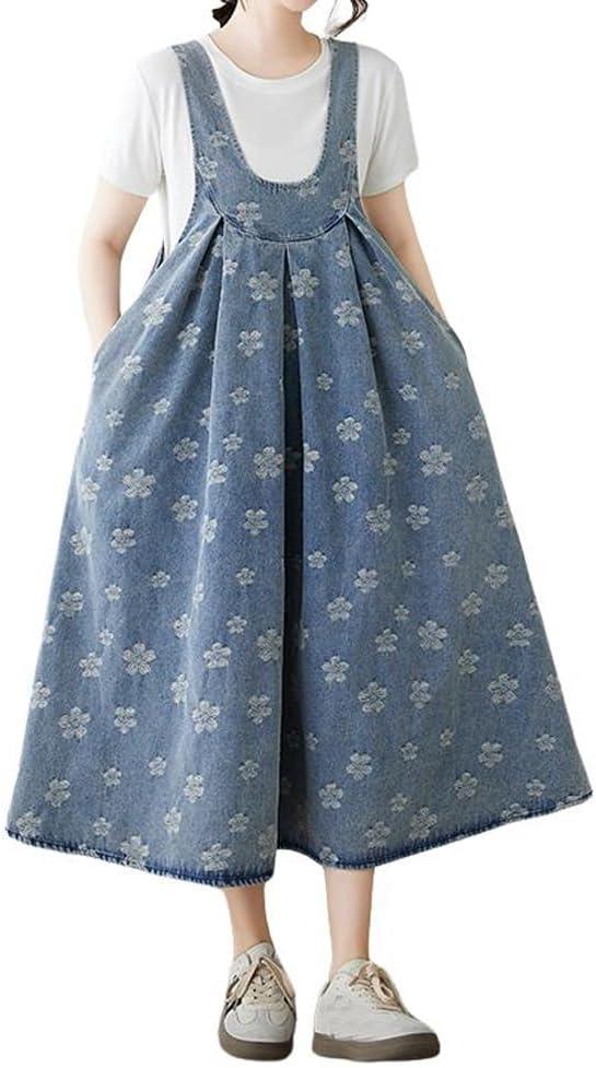 imagechouyatou Womens Boho Floral Embroidery Denim Overall Dress ALine Tie Knot Back Midi Long Jean Jumper DressBlue