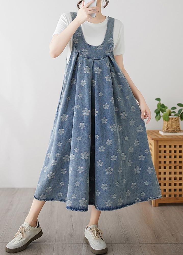 imagechouyatou Womens Boho Floral Embroidery Denim Overall Dress ALine Tie Knot Back Midi Long Jean Jumper DressBlue