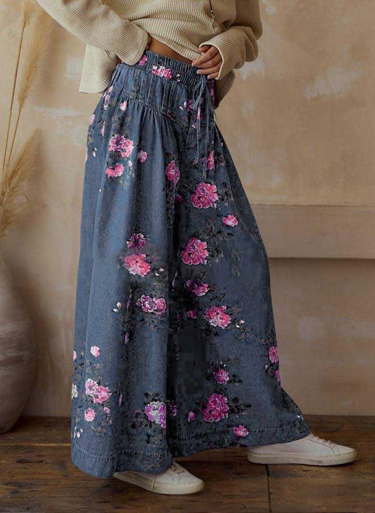 imagechouyatou Womens Boho Wide Leg Floral Denim Pants Pleated Elastic Waist Drawstring Palazzo JeansBlue