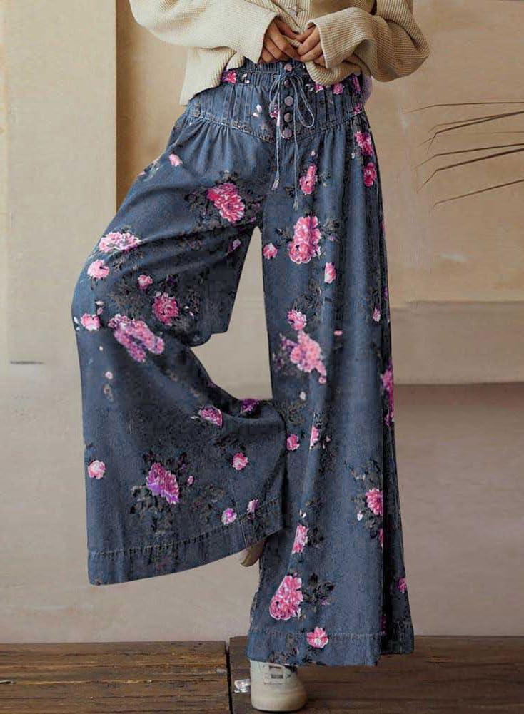 imagechouyatou Womens Boho Wide Leg Floral Denim Pants Pleated Elastic Waist Drawstring Palazzo JeansBlue