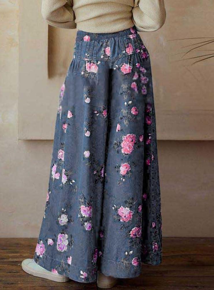 imagechouyatou Womens Boho Wide Leg Floral Denim Pants Pleated Elastic Waist Drawstring Palazzo JeansBlue