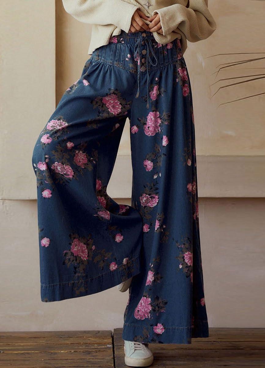 imagechouyatou Womens Boho Wide Leg Floral Denim Pants Pleated Elastic Waist Drawstring Palazzo JeansDark Blue