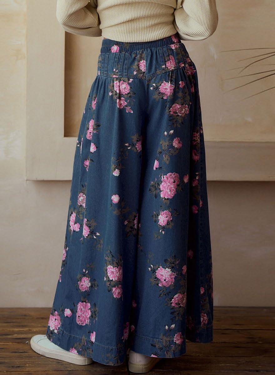 imagechouyatou Womens Boho Wide Leg Floral Denim Pants Pleated Elastic Waist Drawstring Palazzo JeansDark Blue