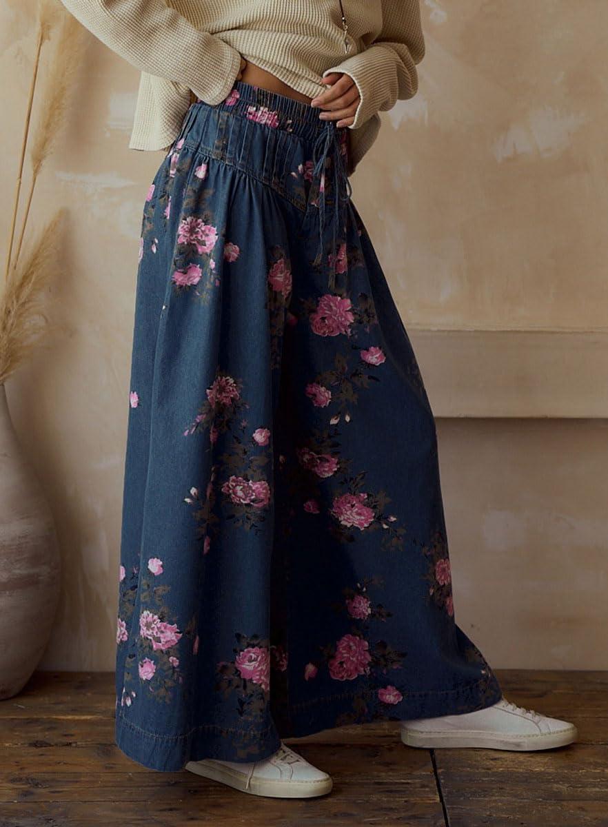 imagechouyatou Womens Boho Wide Leg Floral Denim Pants Pleated Elastic Waist Drawstring Palazzo JeansDark Blue