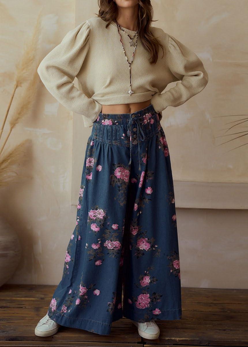 imagechouyatou Womens Boho Wide Leg Floral Denim Pants Pleated Elastic Waist Drawstring Palazzo JeansDark Blue
