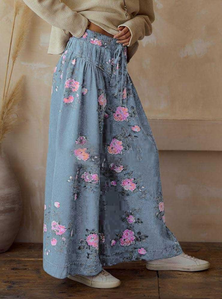 imagechouyatou Womens Boho Wide Leg Floral Denim Pants Pleated Elastic Waist Drawstring Palazzo JeansLight Blue