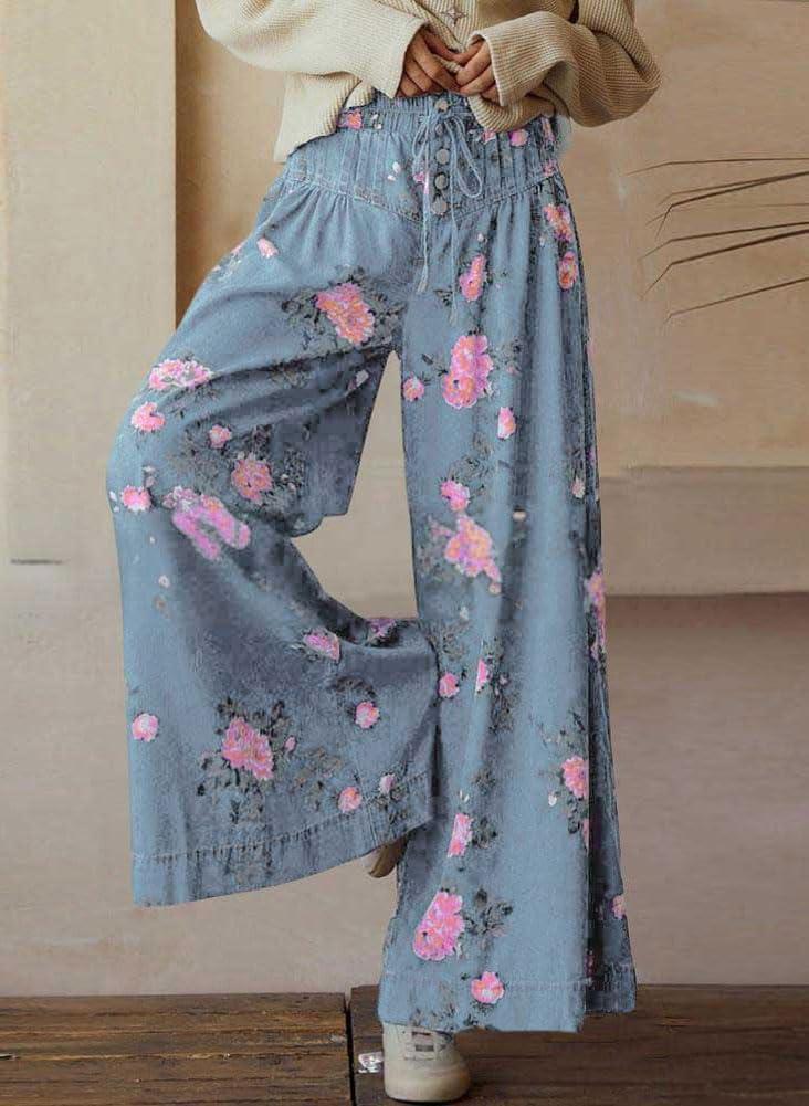 imagechouyatou Womens Boho Wide Leg Floral Denim Pants Pleated Elastic Waist Drawstring Palazzo JeansLight Blue