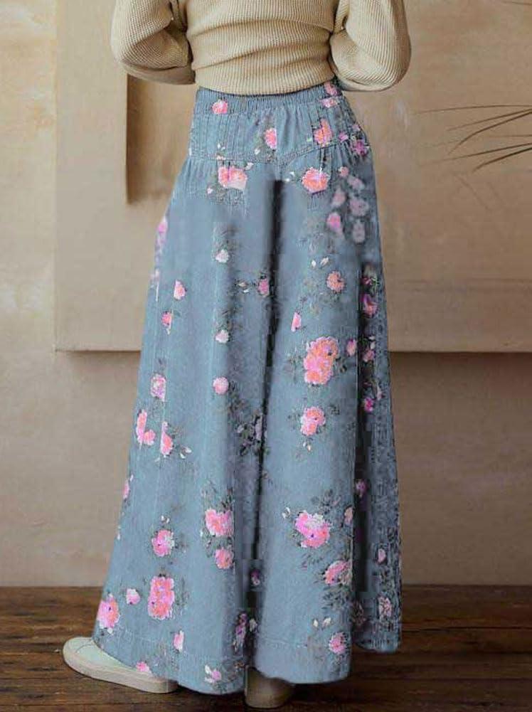 imagechouyatou Womens Boho Wide Leg Floral Denim Pants Pleated Elastic Waist Drawstring Palazzo JeansLight Blue